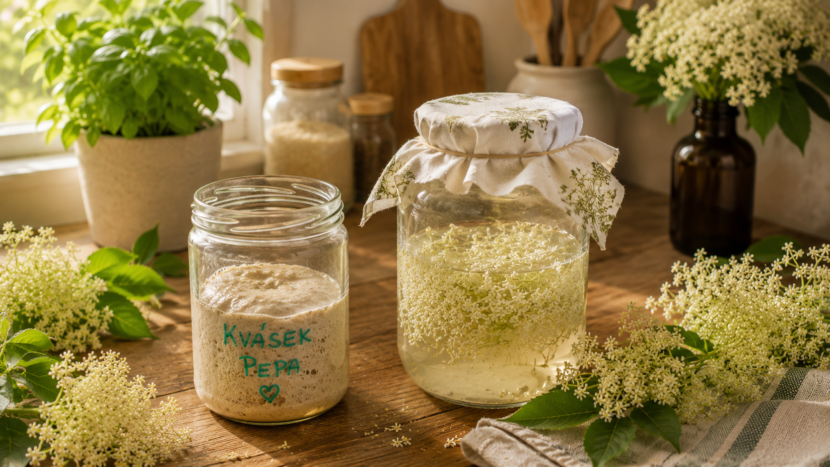 omácí příprava bezové fermentované limonády s kváskem v útulné rustikální kuchyni. Na dřevěné desce stojí sklenice s aktivním kváskem a nádoba plná květů černého bezu zalitých vodou, obklopené čerstvými květy bezu a bylinkami v teplém přirozeném světle.